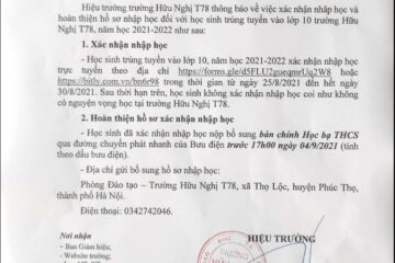 Xác nhận nhập học và hoàn thiện hồ sơ nhập học đối với học sinh trúng tuyển vào lớp 10, năm học 2021-2022